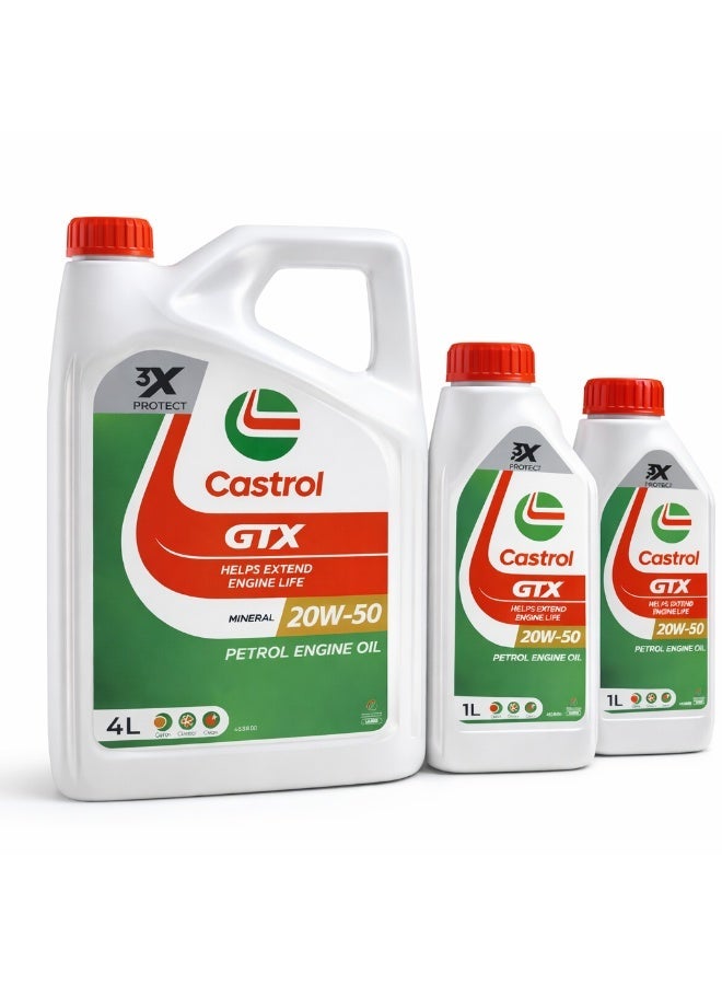 Castrol GTX Mineral Petrol Engine Oil 20W-50 Combo Pack – 4 Liter + 1 Liter + 1 Liter - Image 1